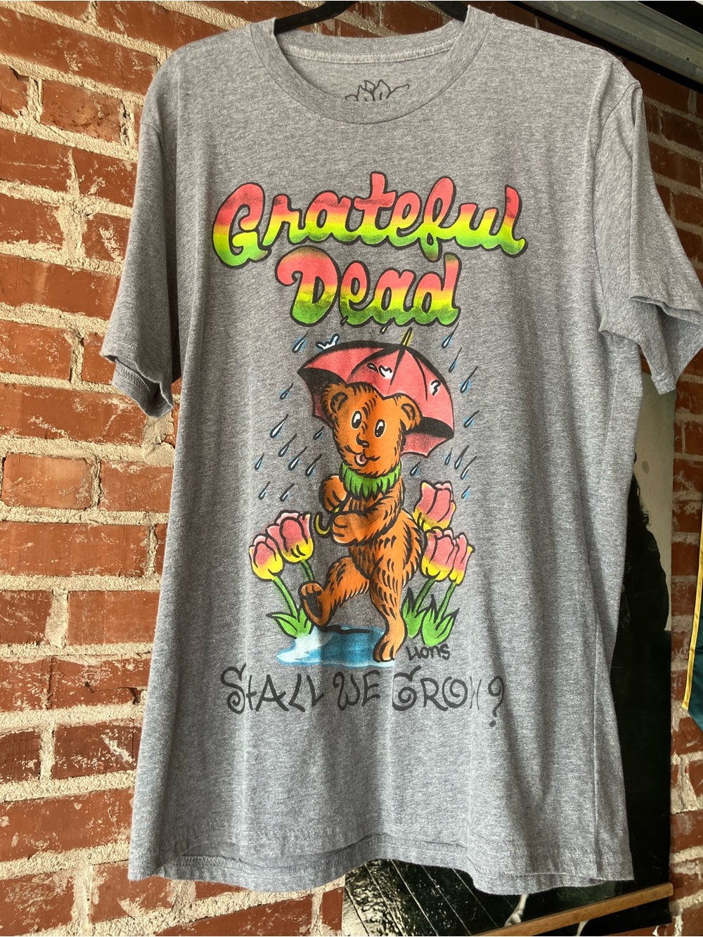 Grateful Dead Grey Tee with Neon Gradient Logo and Colorful Bear